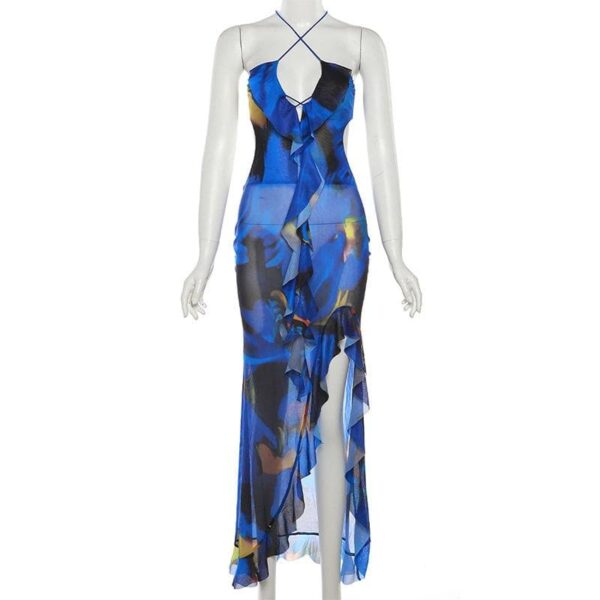 Cross front backless sheer mesh see through slit contrast print maxi dress - Image 4