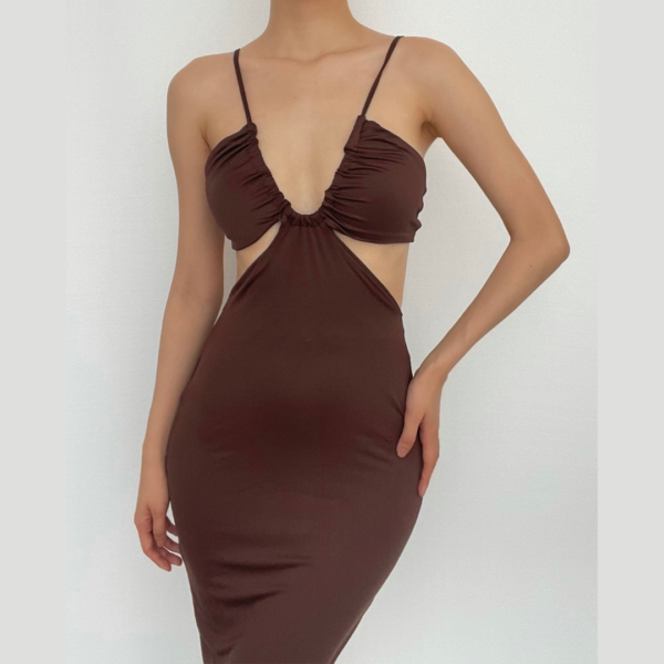 One shoulder backless drawstring hollow out cut out maxi dress - Image 2