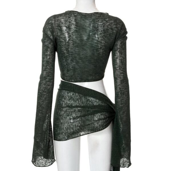 Sheer mesh see through v neck knotted irregular long sleeve skirt set - Image 5