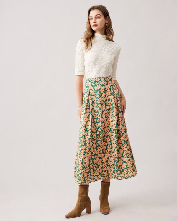 The High Waisted Pleated Floral Midi Skirt - Image 3
